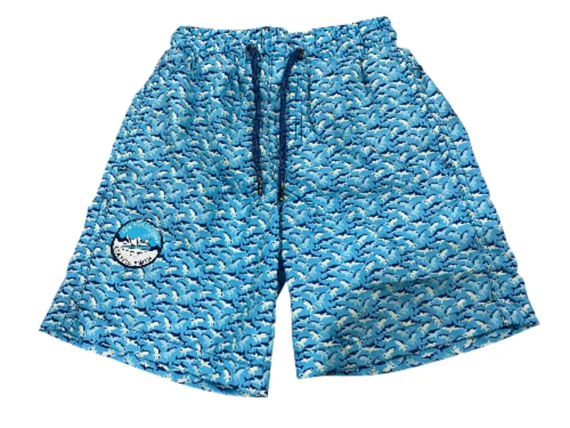 Beach Bros. Boys’ Fast-Drying Swim Trunks – Blue Shark Print 1
