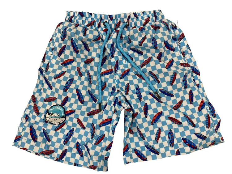 Beach Bros. Boys’ Quick-Dry Swim Trunks – Blue Checkered Pattern 1