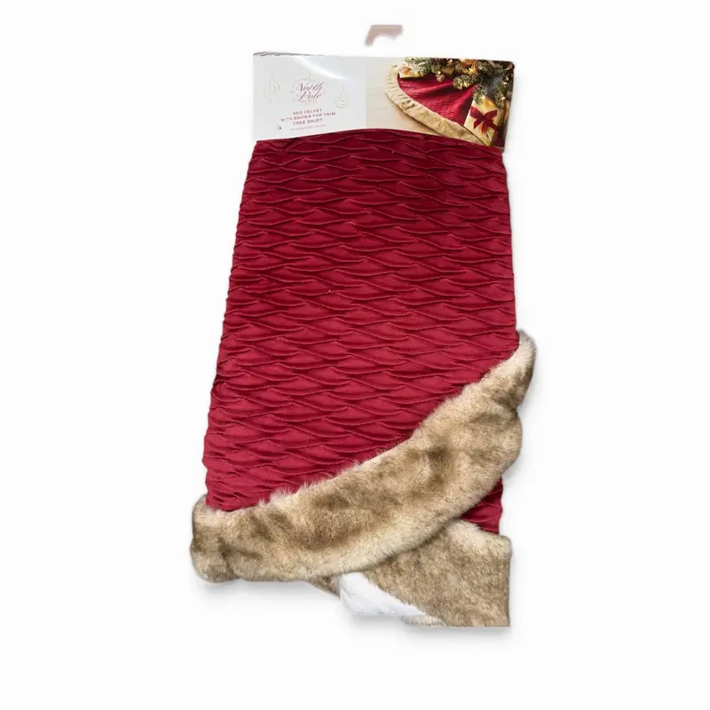 North Pole Trading Co. Red Velvet Tree Skirt With Brown Fur Trim – Holiday Decor 1