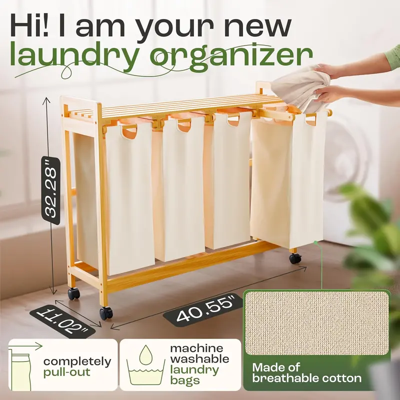 Three-Compartment Laundry Sorter – Removable Cotton Liners, Sustainable Bamboo Frame 1